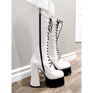 White Knee-High Platform Lace-Up Boots with Black Sole
